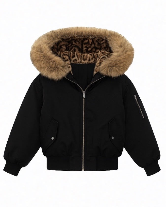 Leopard-Lined Fur Hood Bomber Jacket