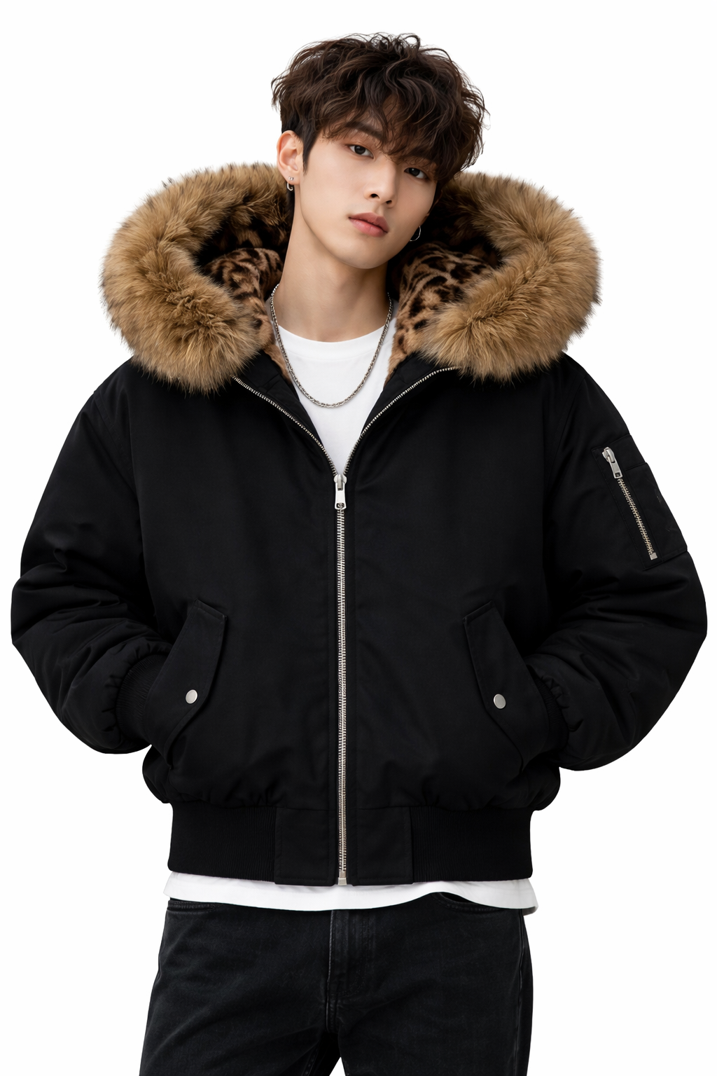 Leopard-Lined Fur Hood Bomber Jacket